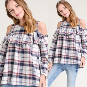 Holiday Gift Idea🎁‼️Plaid Print Cold Shoulder Top